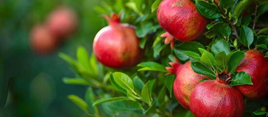 Wall Mural - Vibrant Green Pomegranate Tree: A Refreshing Oasis of Greenery with Lush Green Leaves, Plump Pomegranates, and a Majestic Green Pomegranate Tree.