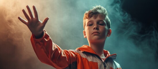 Wall Mural - Boy Athlete Raises His Left Hand in Greeting