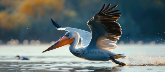 Sticker - A pelican flying above water represents climate change's effect on wildlife conservation in the Danube delta.