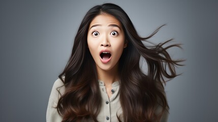 Wall Mural - A Portrait of a beautiful Asian woman shocked on a white isolated transparent background.