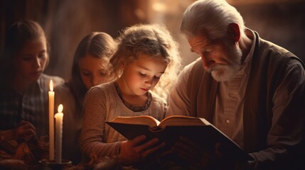 Grandfather reading a book with his granddaughters in the church Generative AI