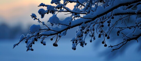 Wall Mural - Dusk silhouette of branch covered in snow.