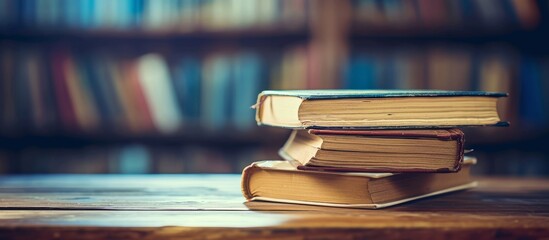 Poster - Blur of books on a wooden table creates a captivating ambiance of knowledge and tranquility