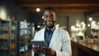 african american male doctor with tablet pc computer in coffee shop Generative AI