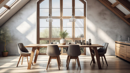 Wall Mural - A Minimalist interior design of a modern Dining table and chairs in a clear loft with wooden beams in the dining room, a room with morning sunlight streaming through the window.