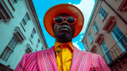 Young man in vibrantly colored suits against extrene blue skies - low angle shot - eccentric and quirky style 