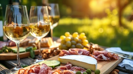 Wall Mural - Picnic with white wine served outside with cheese and charcuterie, sunset light