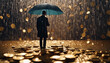 A cinematic moment of a rain shower made of shimmering coins falling onto an open umbrella held by a person in a minimalist suit