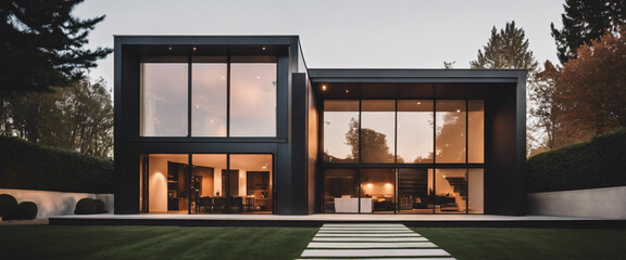 A composition of a minimalist exterior design of a modern house with clean lines, large windows, and minimal landscaping, showcasing architectural simplicity.