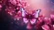Blossoming sakura flowers and flying butterfly against beautiful background macro in wildlife, soft focus. Elegant artistic image nature scene beauty of environment. Generative AI