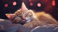 Cute Kitten Sleeping Peacefully On Soft Bed. Small Cat Is Resting At Home