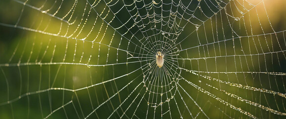 a detailed macro shot of a spider weaving an intricate web, focusing on the precision and symmetry of the silk threads.