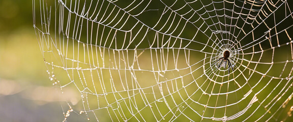 a detailed macro shot of a spider weaving an intricate web, focusing on the precision and symmetry of the silk threads.