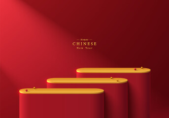 Wall Mural - Red 3D background with realistic steps round stand product podium set in red and golden color. Chinese new year minimal wall scene mockup product display. Abstract geometric platform. Stage showcase.