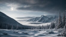 A Photorealistic Alaska Winter Landscape Of A Foreground Filled With Snow Covered Pine And Fir Trees Against A Mountainous Landscape Under A Cloudy Nighttime Sky With A Small Pale Moon Partially Cover