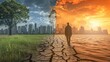 © Raveen - Image representing the concept of global warming. A solitary figure walking down a cracked path divided two contrasting scenes of growth and drought