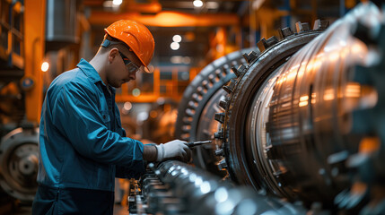 Canvas Print - Mechanical engineer inspecting large machinery with large machinery in the background.