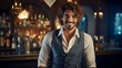 © red_orange_stock - Charming male bartender with a warm smile standing in a vintage bar atmosphere.