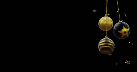 Poster - Black and gold christmas baubles swinging with gold stars on black background, copy space