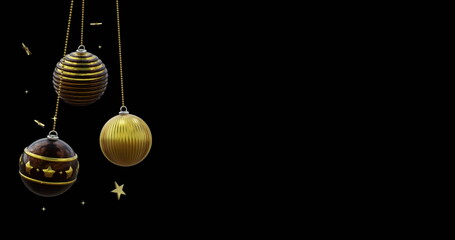 Poster - Black and gold christmas baubles swinging with gold stars on black background, copy space