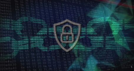 Poster - Security padlock and chain icons against network of connections and data processing