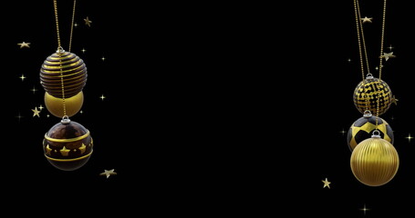 Poster - Black and gold christmas baubles swinging with gold stars on black background, copy space