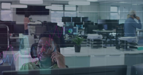 Poster - Image of digital interface showing statistics with diverse colleagues working together in an office