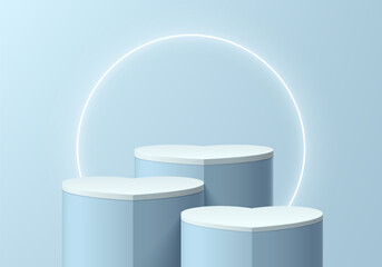Wall Mural - white, blue 3d product podium set in heart shape, mother day or valentine background with neon ring.