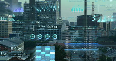 Image of financial data processing over cityscape