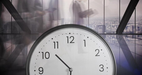 Poster - Image of clock over diverse business people walking