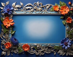 Wall Mural - Silver openwork frame with flowers on a blue background.Holiday concept.Illustration for holiday card, banner, background, flyer, poster, with copy space for text