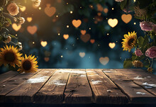 Empty Wooden Table: Hearts, Heart Bokeh, Flowers, Sunflowers. Blank Space For Product Marketing