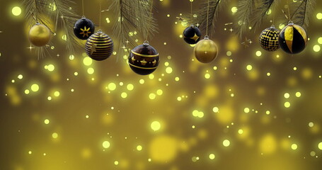 Poster - Christmas tree with swinging black and gold baubles over yellow bokeh and light spots, copy space