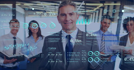 Poster - Image of data processing over diverse business people in office