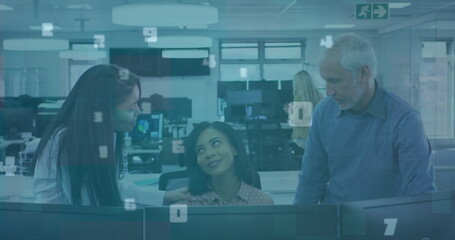 Poster - Image of numbers floating with diverse colleagues working together in an office