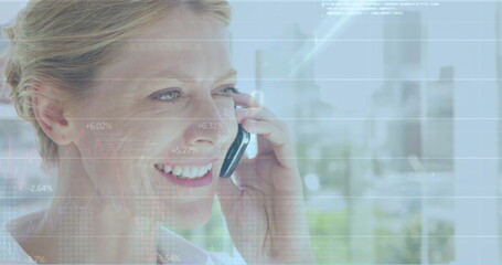 Poster - Image of data processing over caucasian woman using smartphone