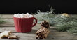 A red mug filled with hot chocolate sits on a wooden surface