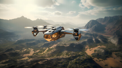 Poster - Futuristic drone flying over mountains