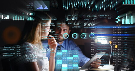 Poster - Image of financial data processing over caucasian business people in office