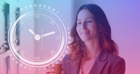 Poster - Image of clock over caucasian businesswoman in office