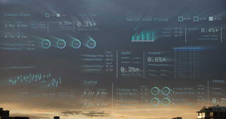 Poster - Image of financial data processing over cityscape