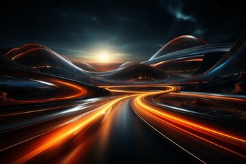 Wall Mural - the abstract scene depicts neon lights streaming across an otherworldly landscape, creating a sense 