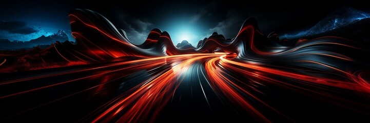 Wall Mural - in a sci-fi setting, neon lights stream along a speedy road, creating an otherworldly environment wi