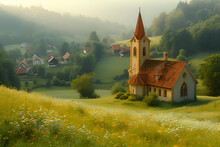 A serene countryside landscape with a picturesque church, embraced by rolling hills. Created with generative AI.