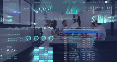 Poster - Image of financial data processing over diverse business people in office
