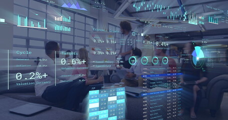 Poster - Image of financial data processing over diverse business people in office