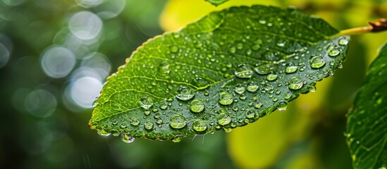 Canvas Print - Captivating Reflections: A Serene After Rain Scene with Beautiful Droplets Glistening on a Green Leaf