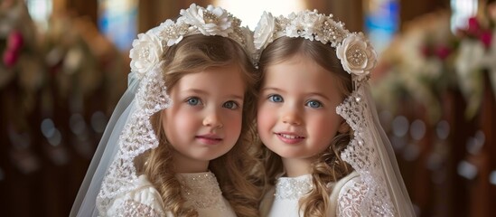 Wall Mural - Double the Cuteness: Two Little Girls Dazzle in First Communion Dresses