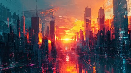 Wall Mural - oil painting of sunset over the city generated by AI tool