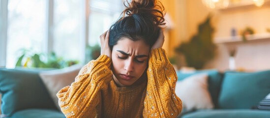 Indian woman experiencing physical and mental fatigue, stress, and discomfort in her living room due to burnout and various health issues like headaches, eye strain, vertigo, and brain fog.